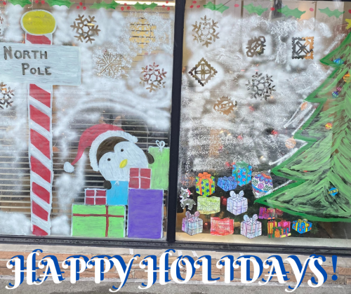 Horizons' holiday window display drawn by an employee